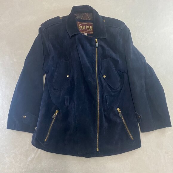 Pam Pam Leather Jacket Made In Canada Full Zip Navy Paisley Lined Army Retro M - Picture 1 of 16